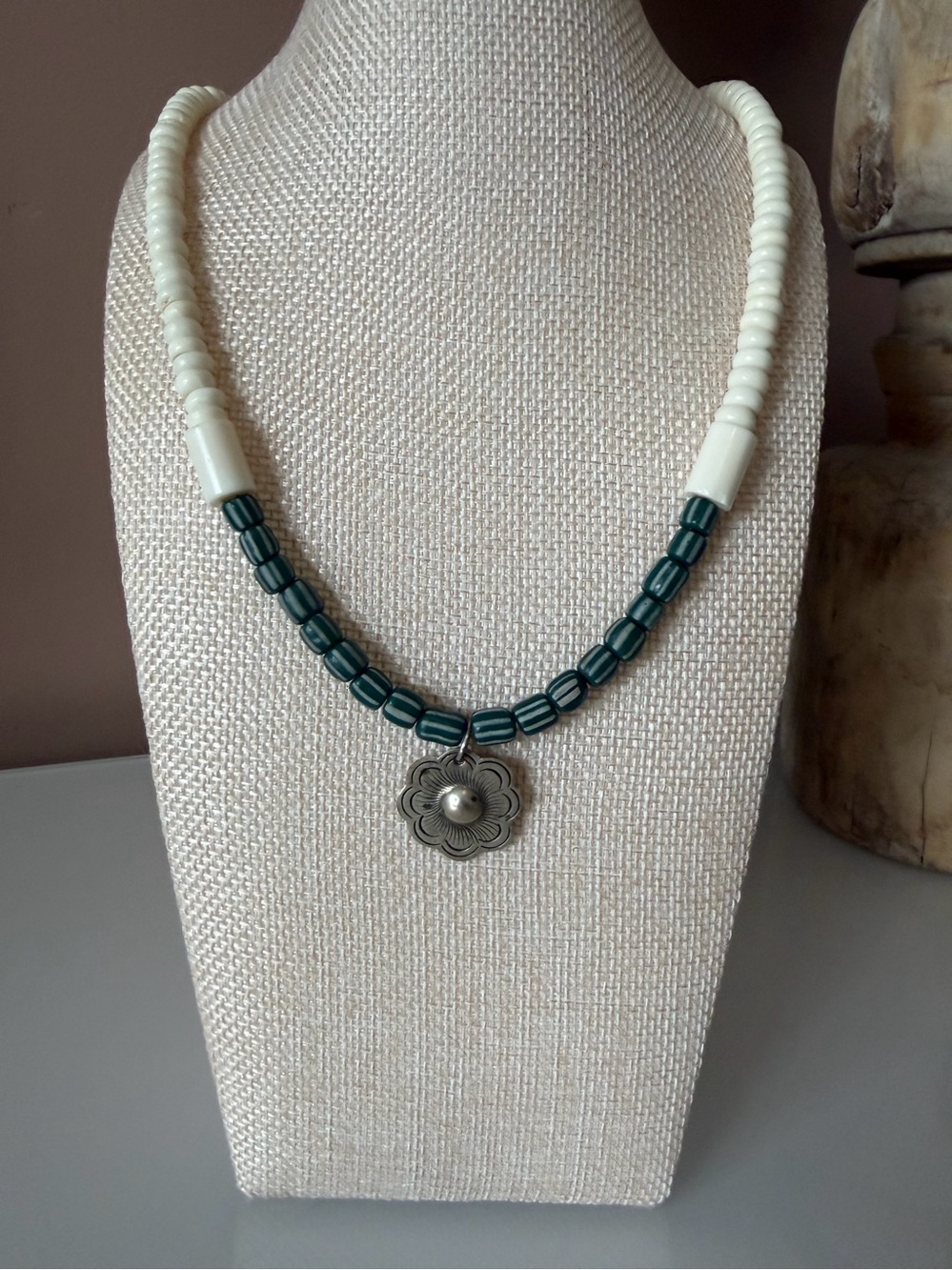 Hand-Strung Dark Green, Silver and Off White Necklace.